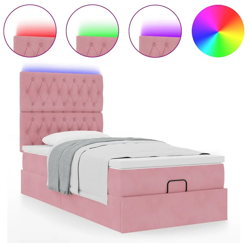 Estrutura de cama otomana com colchões rosa 90x200cm veludo