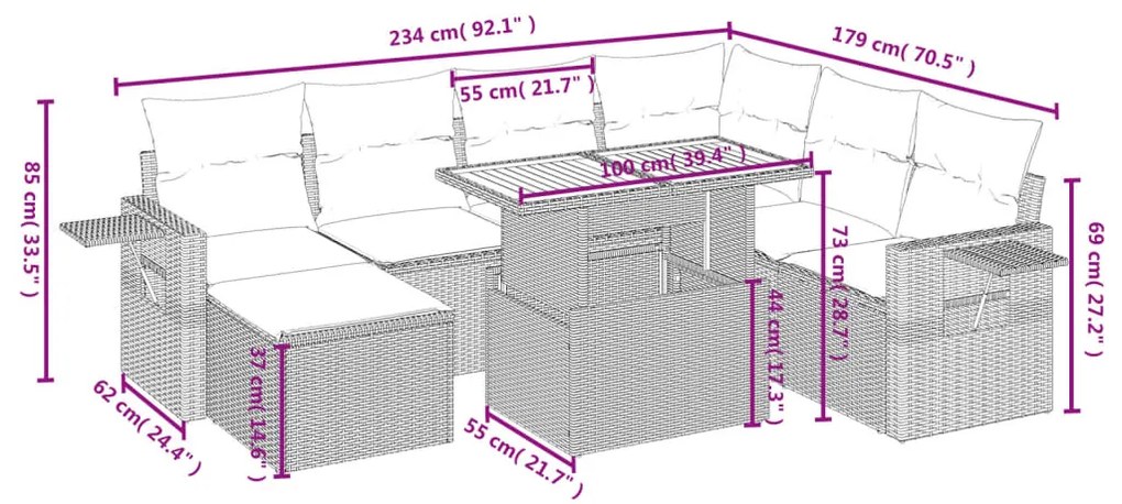 8 pcs conjunto de sofás p/ jardim com almofadões vime PE bege