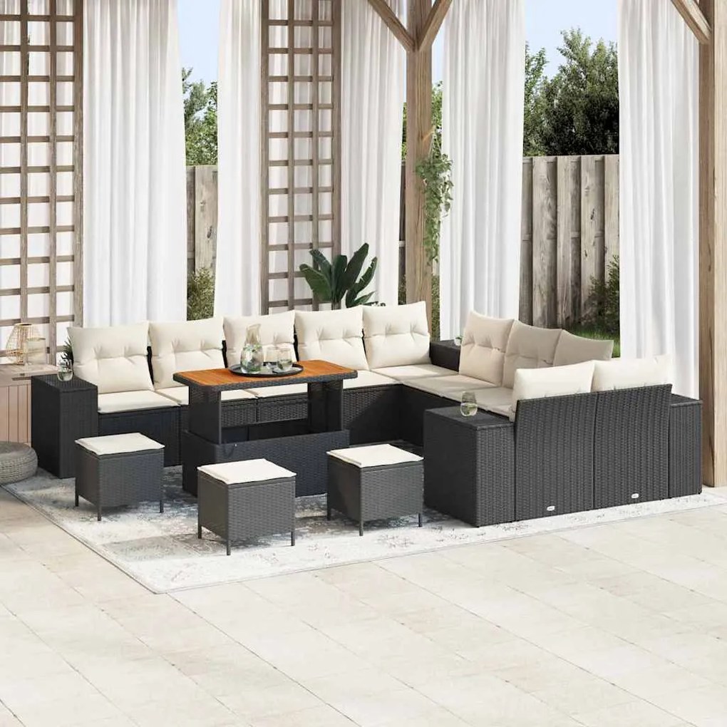 vidaXL Conjunto de Sofá de Jardim com 14 Peças e Almofadas Pretas em Polirattan e Acácia