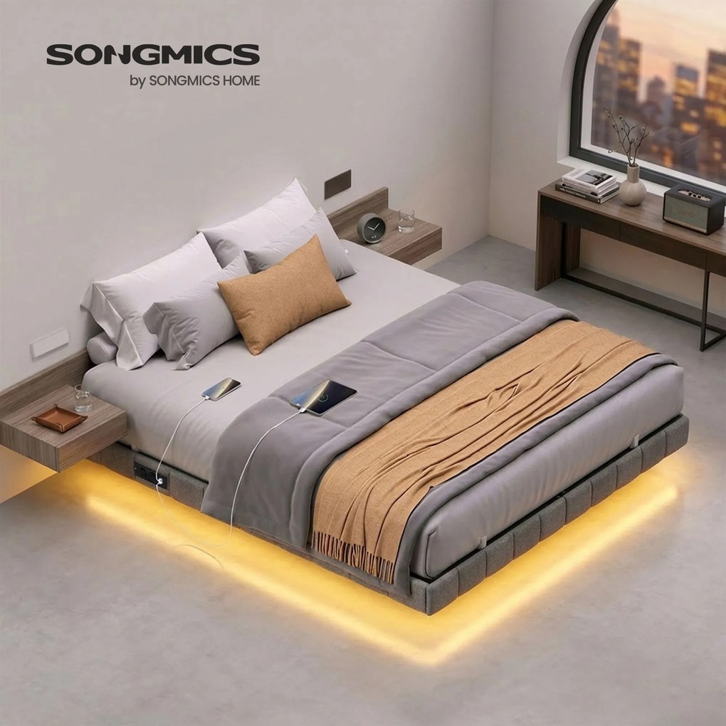 Estrutura de cama 160 x 200 cm, com iluminação LED, base de cama (COLCHÃO NÃO INCLUIDO) Cinza