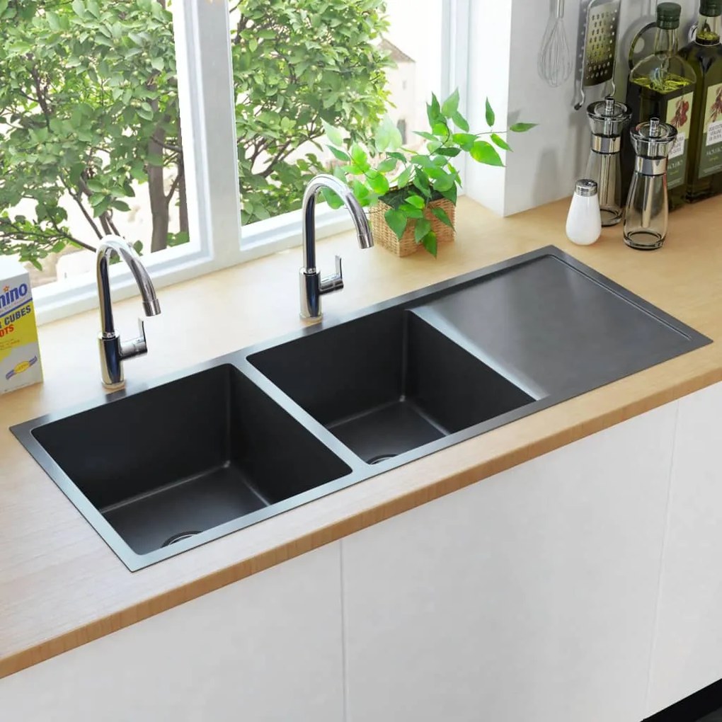 145087 vidaXL Lava-louça de cozinha artesanal aço inoxidável preto