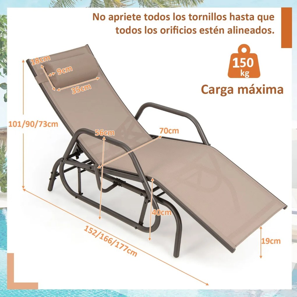 Espreguiçadeira de jardim com baloiço, braços e travesseiro cadeira de balanço encosto ajustável estrutura de metal para piscina de praia 177 x 70 x 1