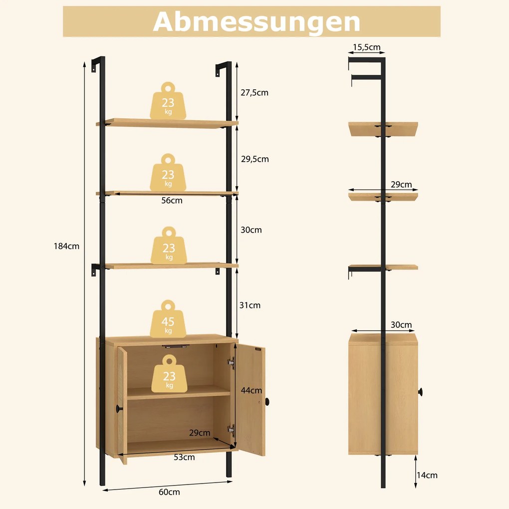Estante de parede 60 x 30 x 184 cm 3 níveis com armário de rattan, forma de escada para montagem na parede Natural e preto