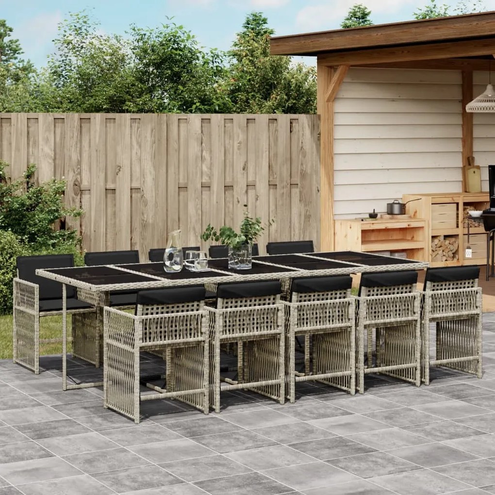 vidaXL 11 pcs conjunto jantar p/ jardim c/ almofadões vime PE cinzento