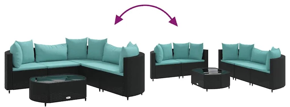 6 pcs conjunto sofás de jardim c/ almofadões vime PE preto