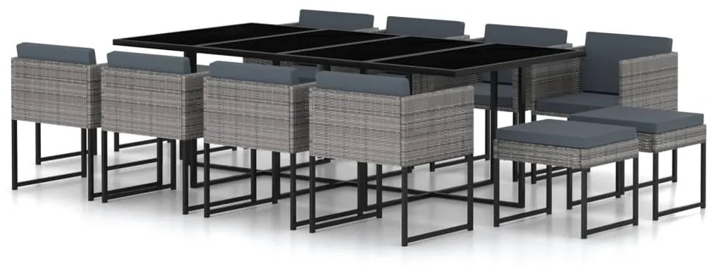 vidaXL 13 pcs conjunto jantar exterior com almofadões vime PE cinzento