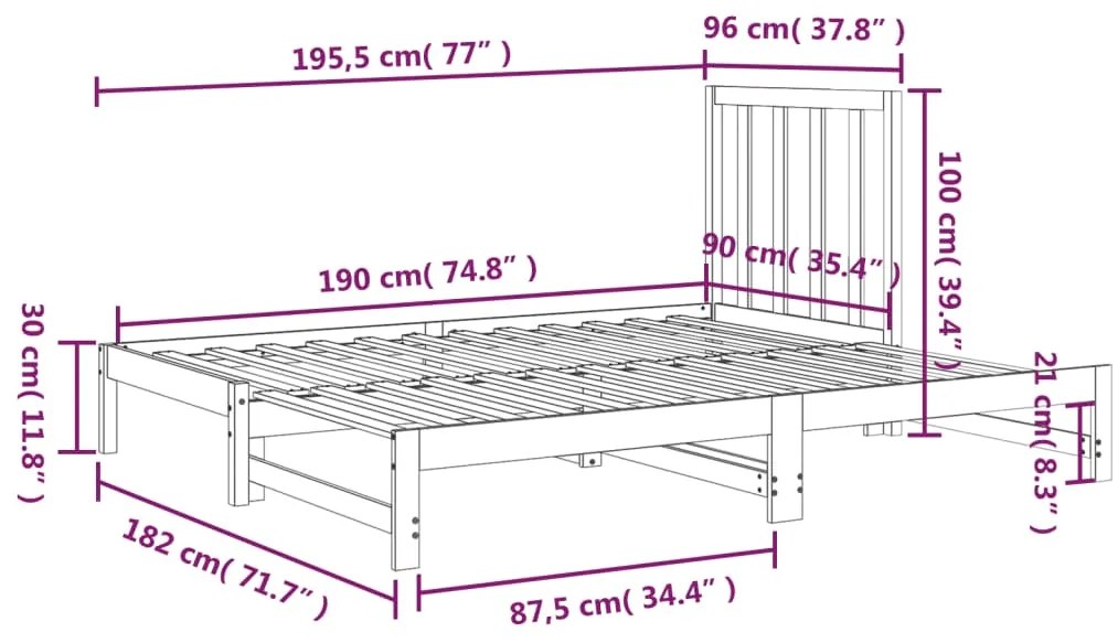 Estrutura sofá-cama de puxar 2x(90x190) cm pinho maciço