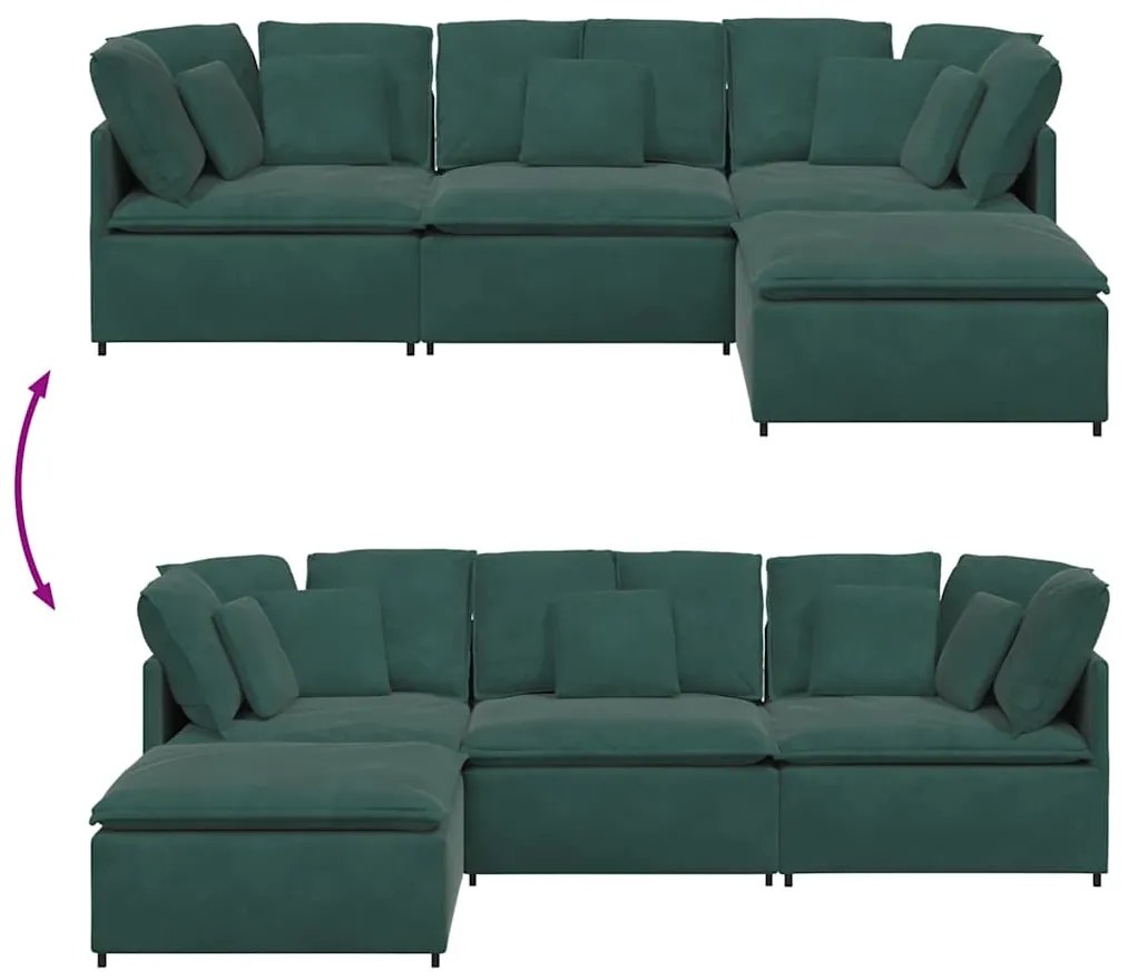 Sofá modular com pufes e almofadas veludo verde-escuro