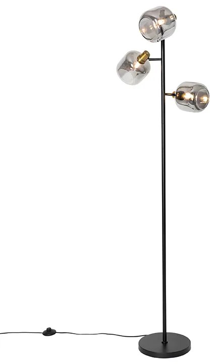 Candeeiro de pé preto com dourado e vidro fumê 3 luzes - Zuzanna