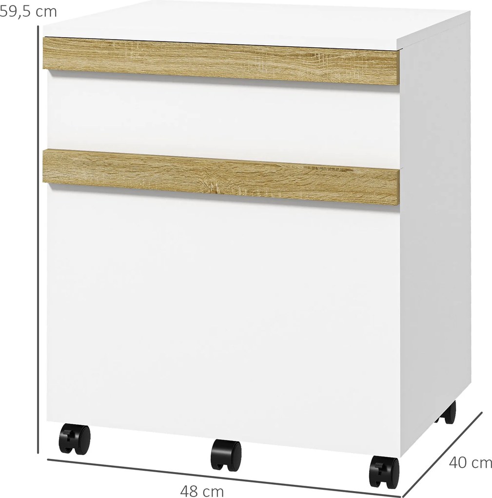 Bloco Gavetas de secretária com rodas, 2 gavetas deslizantes e organizador de pastas, 48 x 40 x 59,5 cm, branca