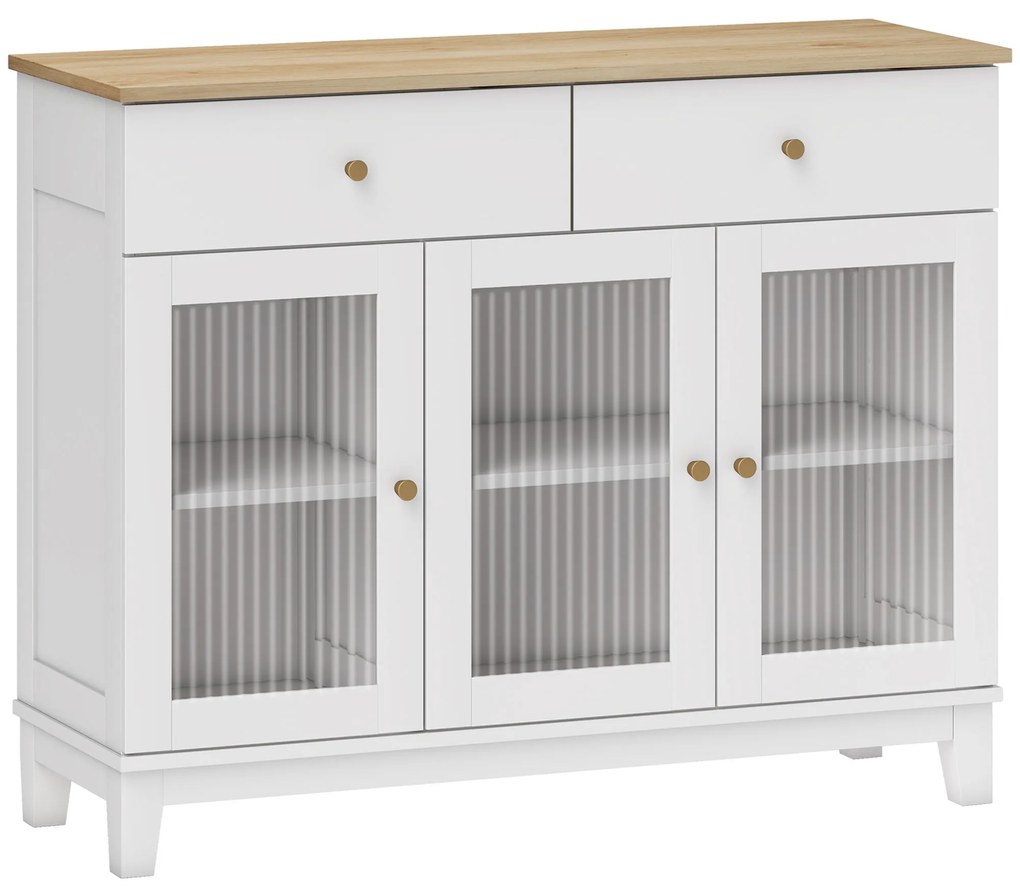 HOMCOM Aparador Branco 3 Portas de Vidro Aparador Sala de Estar Moderno com 2 Gavetas e Prateleiras Ajustáveis 100x35x80,3 cm | Aosom Portugal