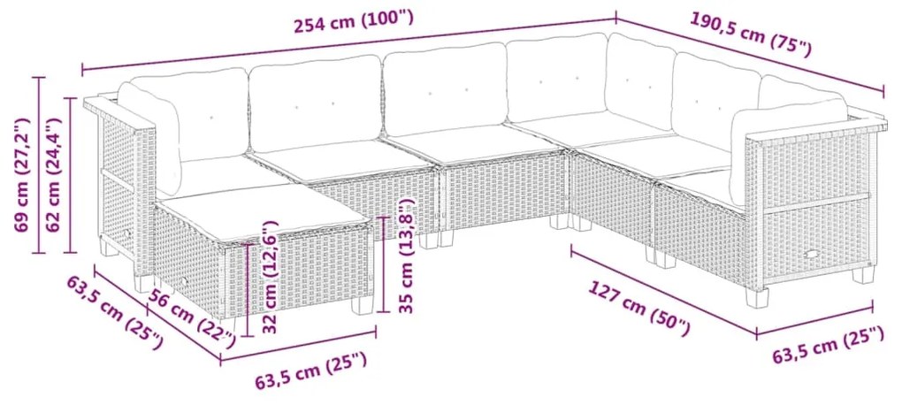 7 pcs conjunto de sofás p/ jardim com almofadões vime PE bege