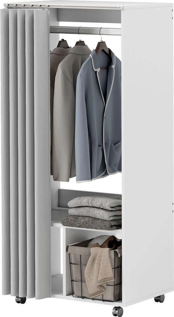 Guarda roupa pequeno de arrumação móvel com cortina 60 x 40 x 128 cm, varão para pendurar roupa, branco