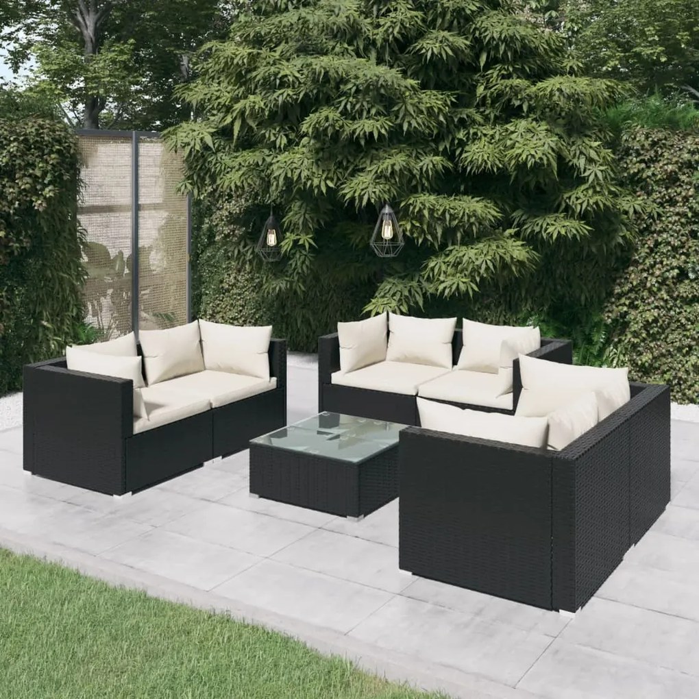 vidaXL 7 pcs conjunto lounge de jardim c/ almofadões vime PE preto