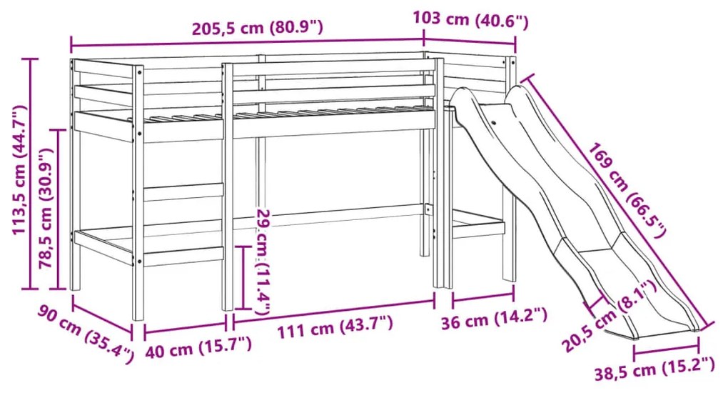 Cama alta para criança sem colchão 90x200 cm pinho maciço