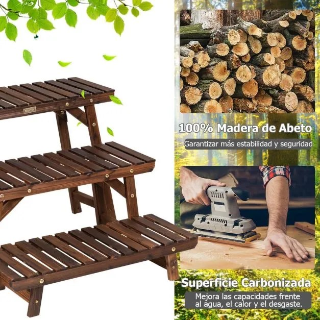 Suporte para plantas de madeira, 3 peças em qualquer combinação Escada para flores carbonizada para interior e exterior Castanho