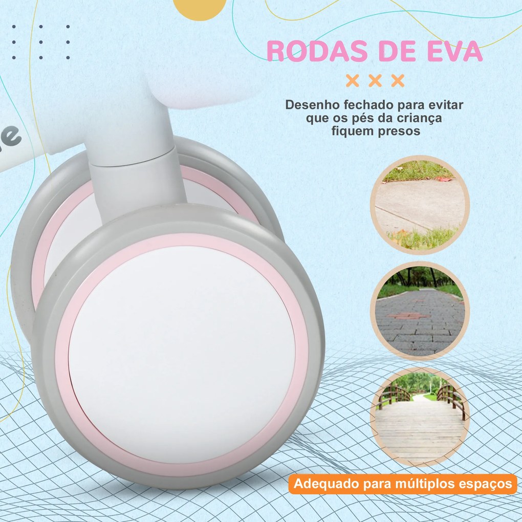 Bicicleta sem Pedais para Crianças de 12-36 Meses Bicicleta de Equilíbrio com Assento Ajustável 56x27x39 cm Rosa