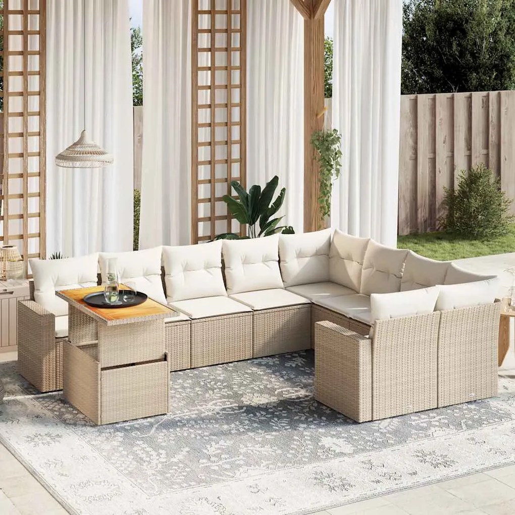 vidaXL 10 pcs conjunto de sofás p/ jardim com almofadões vime PE bege