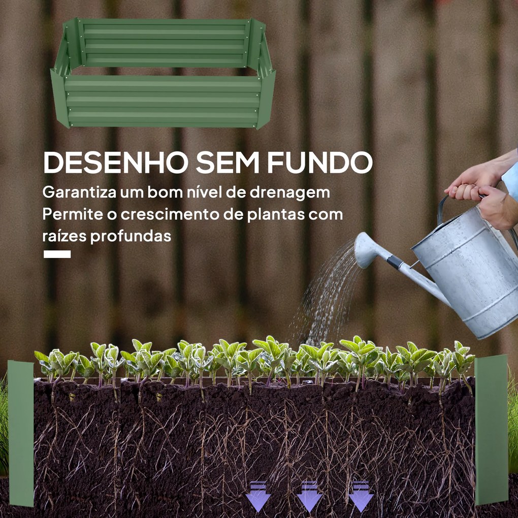 Conjunto de 2 floreiraa de Aço Caixa de Plantio Quadrada para Cultivos de Plantas Flores Pátio Exterior 100x50x30 cm Verde