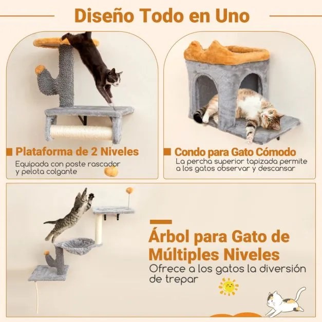 Conjunto de torre para gatos montada na parede com plataforma de 2 níveis, 2 casinhas e arranhador cinza