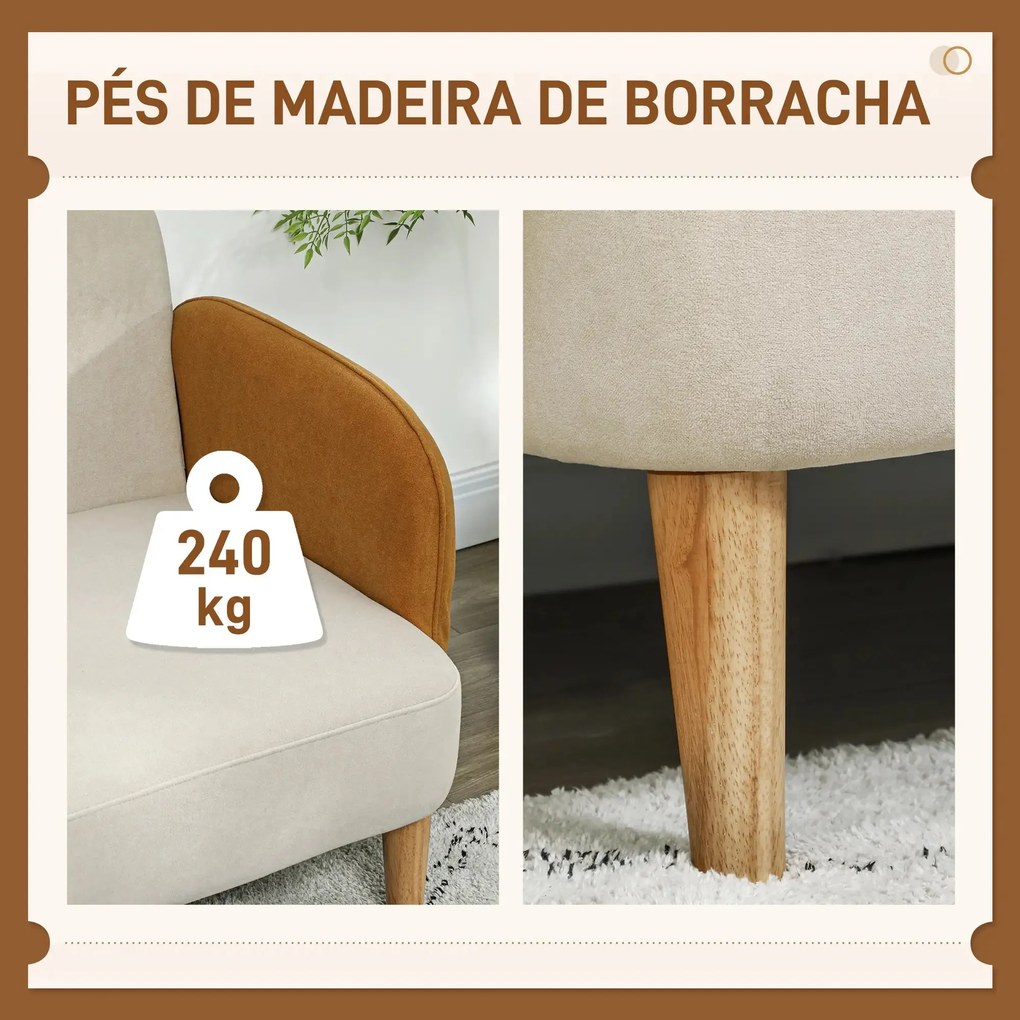 Sofá Fluffy de 2 Lugares - Veludo Bege e Ocre - Madeira de Borracha -