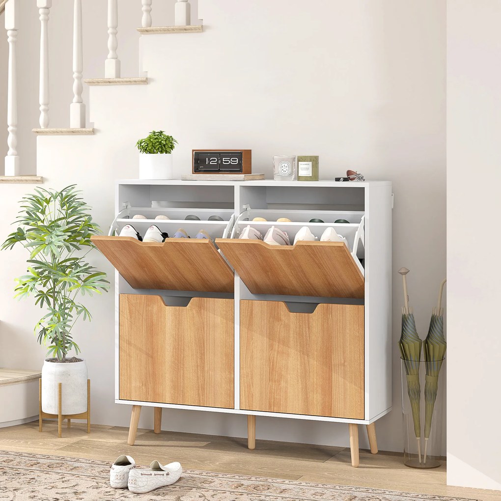 Sapateira para 16 Pares de Sapatos com 4 Gavetas e Prateleiras Ajustáveis 95x26x95 cm Branco e Madeira