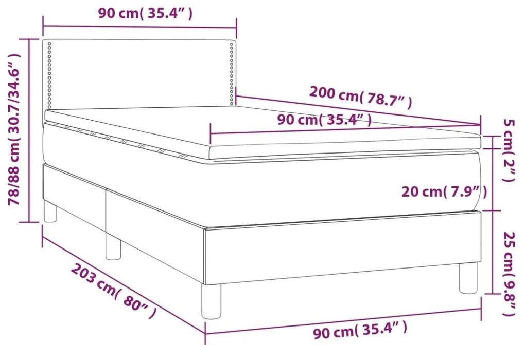 Cama box spring c/ colchão/LED 90x200 cm tecido castanho-escuro
