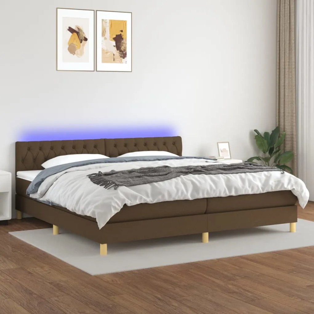 Cama box spring c/ colchão/LED 200x200cm tecido castanho-escuro