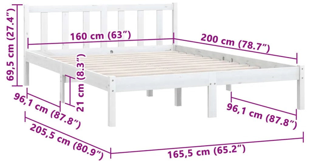 Estrutura de Cama Jane em Madeira de Pinho - 160x200 cm - Branco - Des