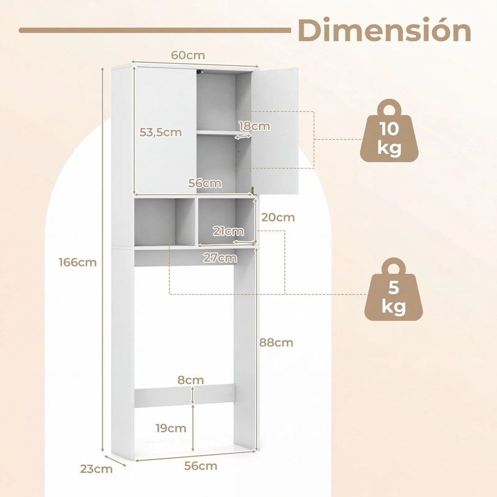 Armário para sanita com portas 60 x 23 x 166 cm, 2 compartimentos abertos e estante ajustável, economizador de espaço para a lavandaria, branco