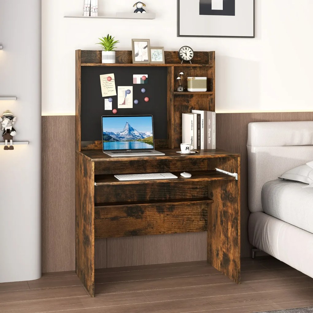 Secretária para computador 89 x 50 x 138 cm com quadro de avisos magnético com prateleira e bandeja para teclado para estúdio Castanho