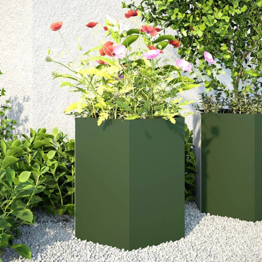 Vaso/floreira de jardim 2 pcs hexagonal 46x40x45 cm aço verde