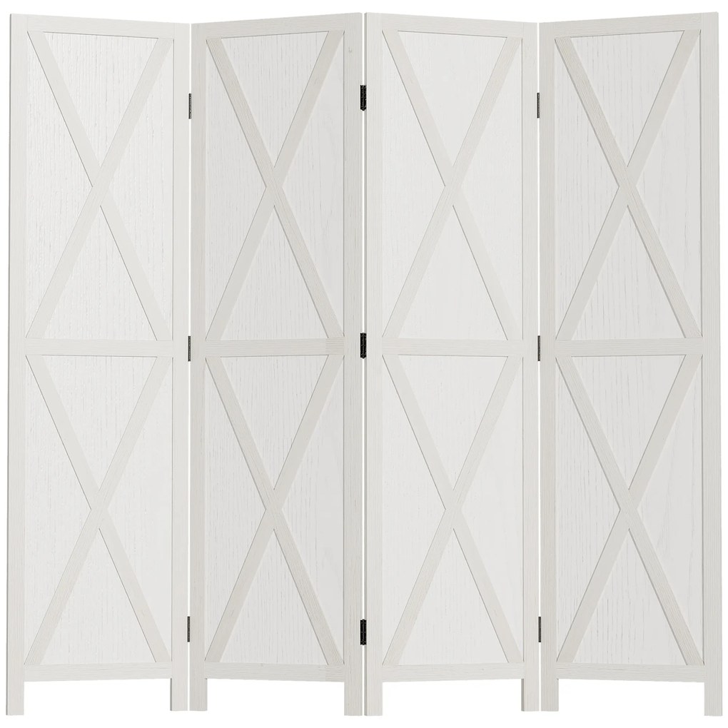HOMCOM Biombo de 4 Paineis Separador de Ambientes Dobrável 182x170cm Divisória para Espaços de Madeira Decoração Elegante para Dormitório Sala de Estar Branco