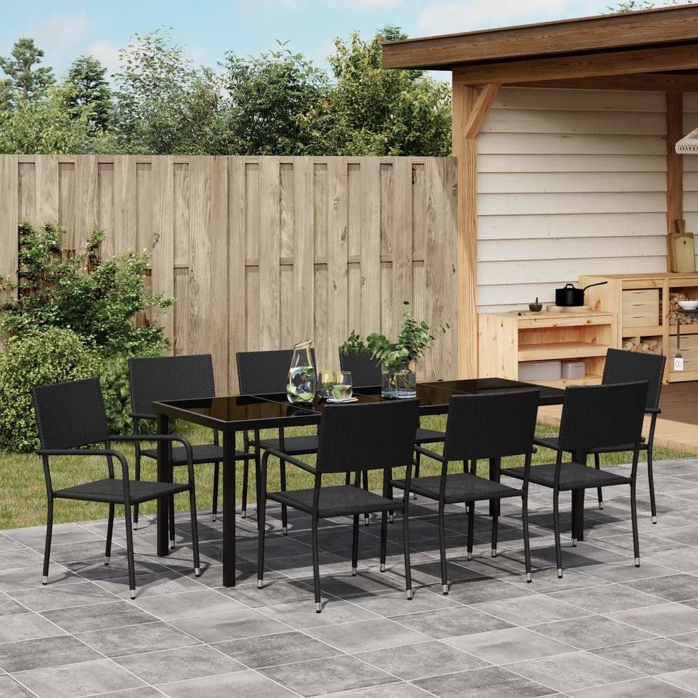 Conjunto de Jantar de Jardim 9 Peças Rattan Poliéster Preto
