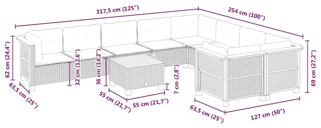 10 pcs conjunto de sofás p/ jardim com almofadões vime PE bege