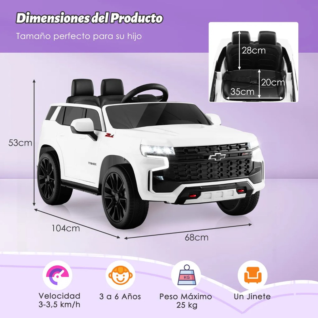 Carro elétrico com bateria de 12V Chevrolet Tahoe para crianças SUV com controlo remoto 2.4G Luzes de suspensão de mola Música Branco