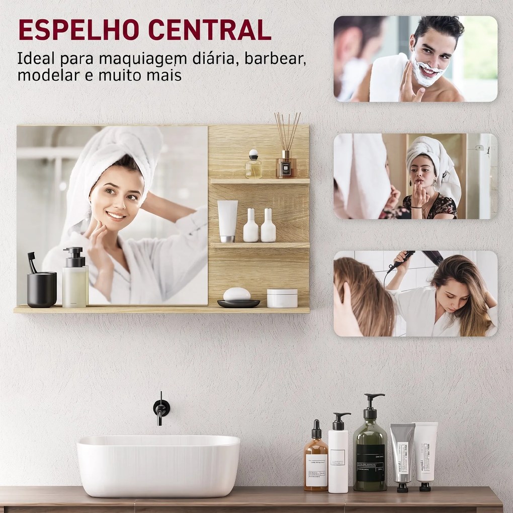 Espelho de Parede para Casa de Banho com 2 Prateleiras Laterais e Prateleira Inferior 75x10x48 cm Madeira Natural