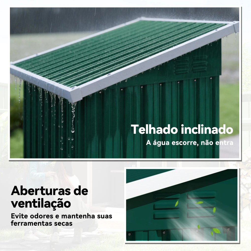 Abrigo Exterior Metálico 107,5x91x185 cm Abrigo de Jardim com Teto Inclinado Porta com Trinco Ventilação e Luvas Verde