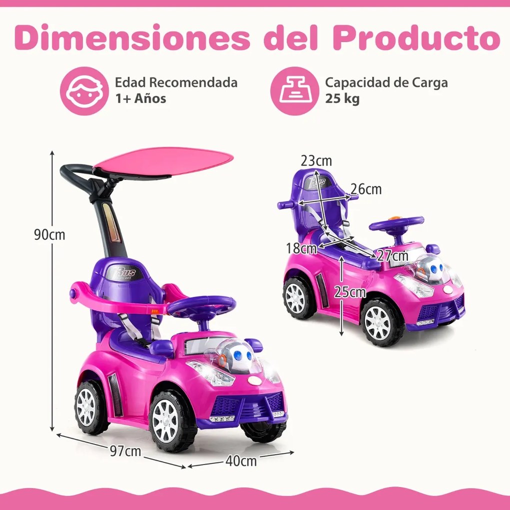 Andarilho crianças forma carro 3 em 1 Carro deslizante com guiador, buzina, música, luz e cinto de segurança Rosa