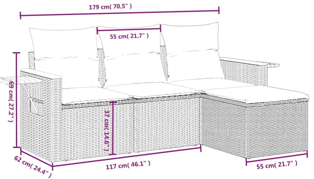 4 pcs conjunto de sofás para jardim c/ almofadões vime PE preto