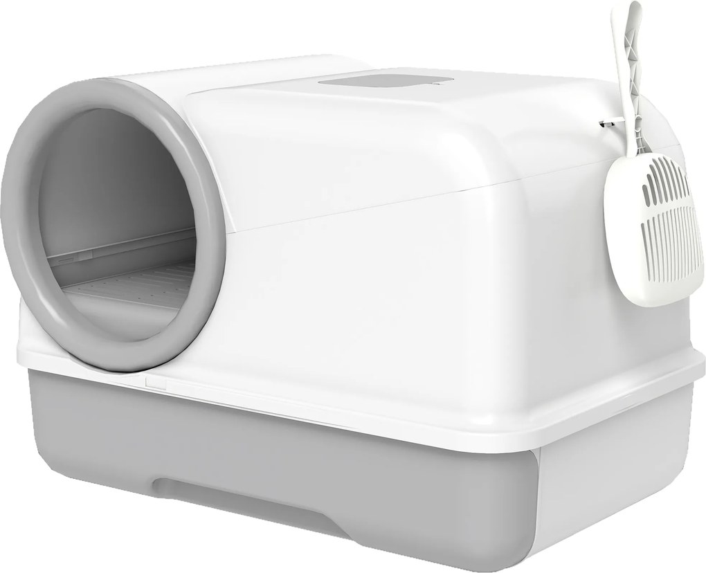 PawHut Caixa de areia fechada XL em PP, casa de banho para gato grande, com tampa e pá 59 x 39,5 x 39,5 cm cinza claro | Aosom Portugal