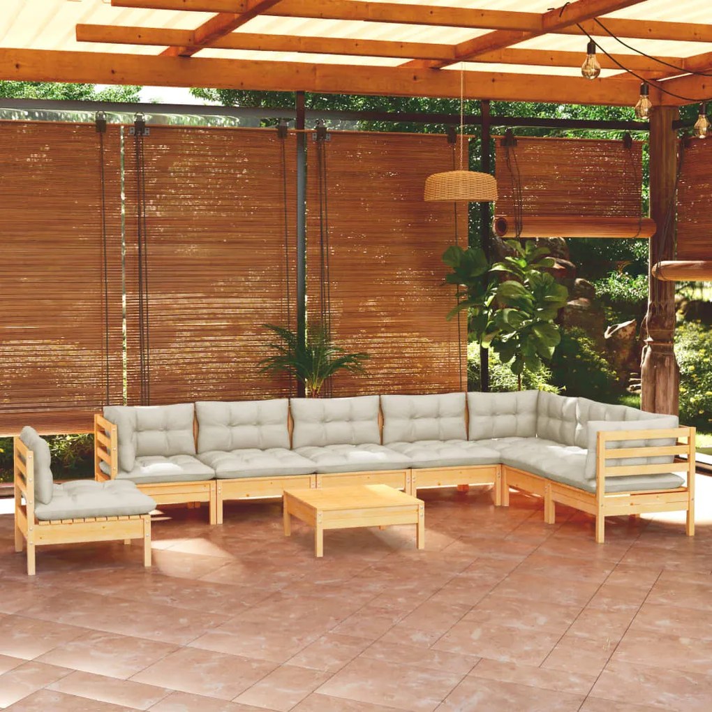 vidaXL 9 pcs conjunto lounge jardim c/ almofadões creme pinho maciço