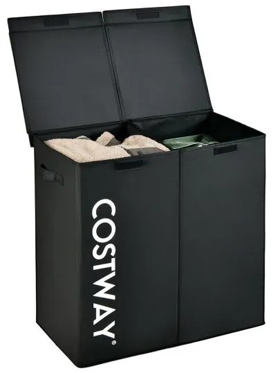 Cesto de roupa suja 105L com tampa de madeira e 2 seções - cinza