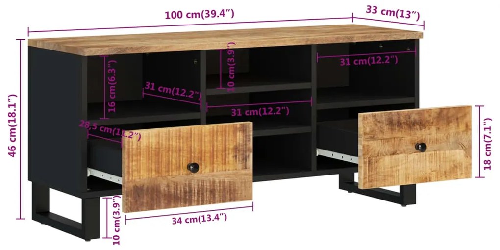 Móvel de TV 100x33x46 cm mangueira maciça/derivados de madeira