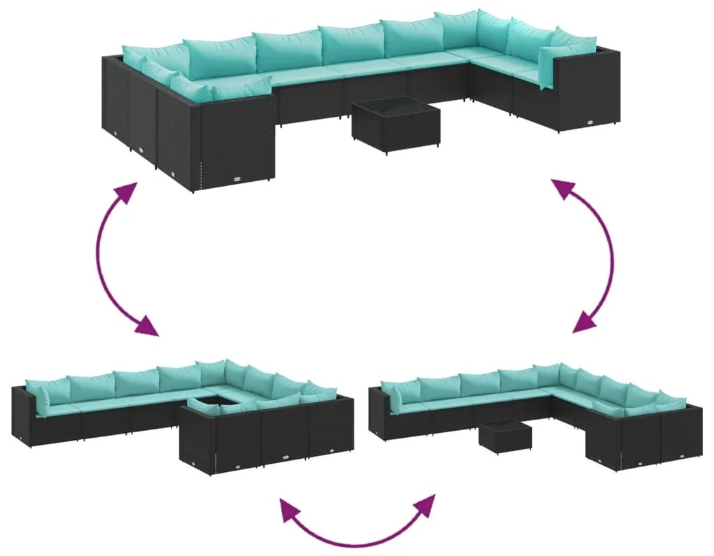 11 pcs conjunto sofás de jardim c/ almofadões vime PE preto