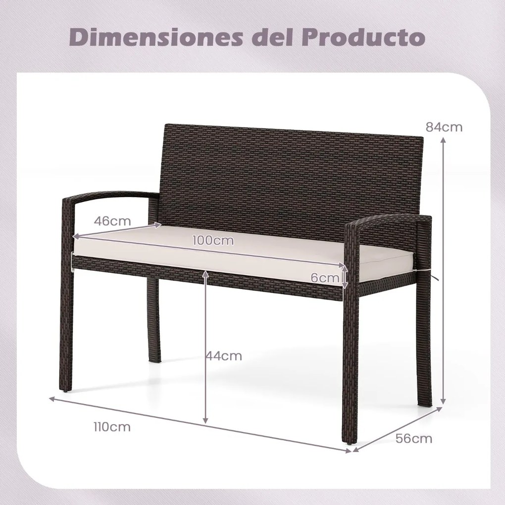 Banco jardim de vime para 2 pessoas 10 x 56 x 84 cm com almofada acolchoada, assento macio, encosto e apoios para os braços - castanho e brancoi