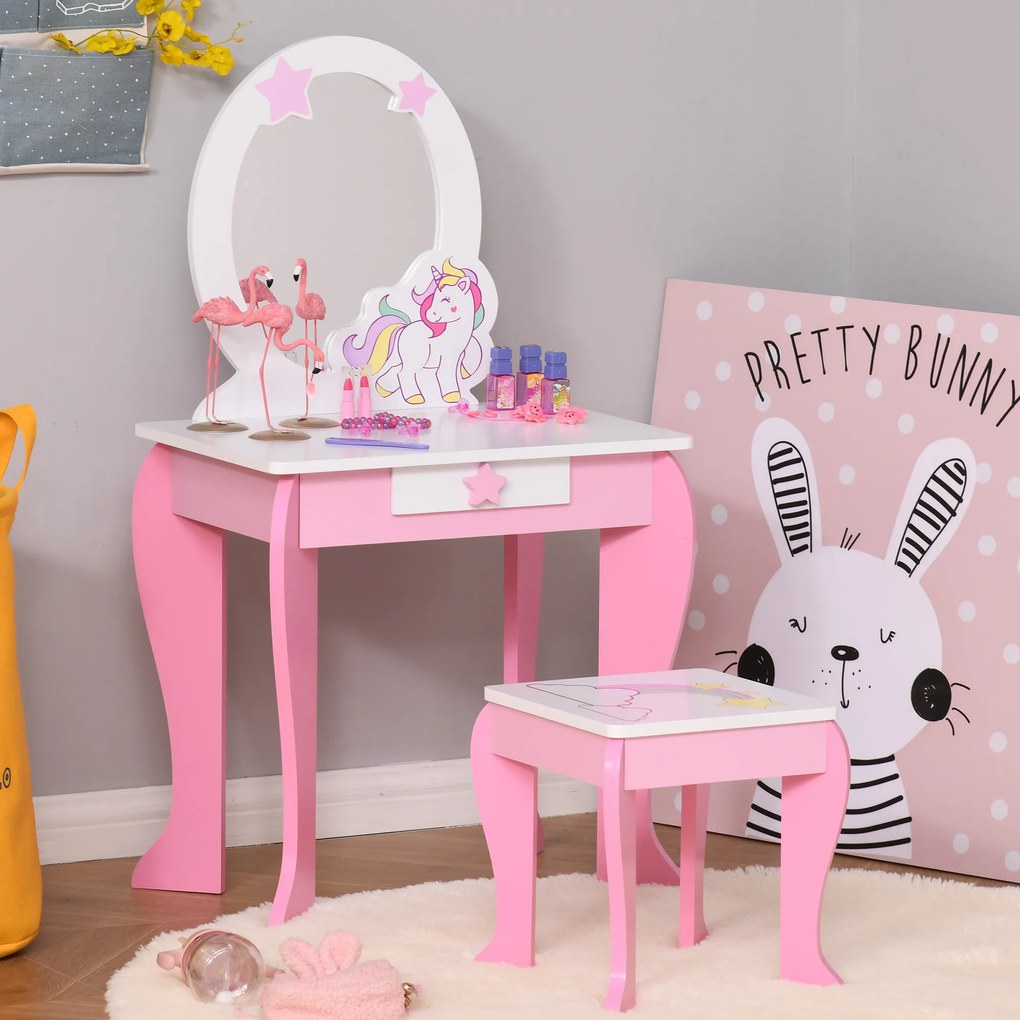 Toucador infantil com design de unicórnio - com Banco incluído 49 x 34 x 90 cm - gaveta, espelho - MDF - rosa e branco
