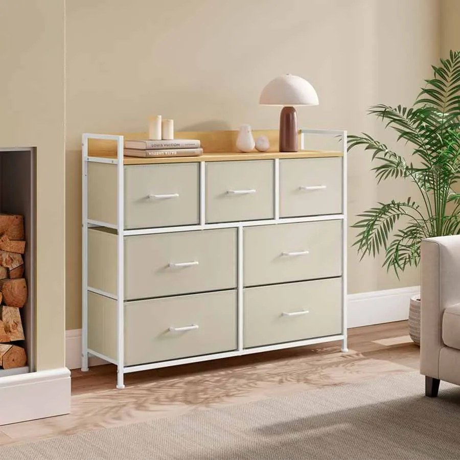 Cómoda 7 gavetas em tecido 28,5 x 98 x 85 cm creme e branco