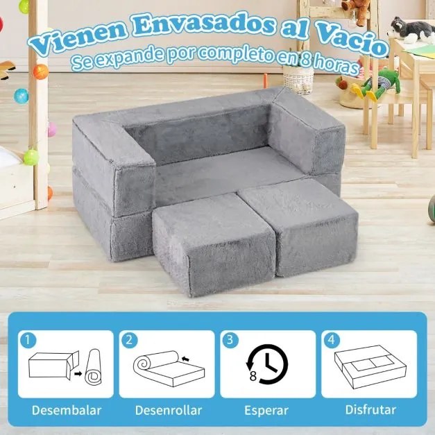 Sofá modular para crianças Sofá-cama convertível de espuma para crianças Sofá dobrável de pelúcia para sala de jogos Quarto de dormir Cinzento