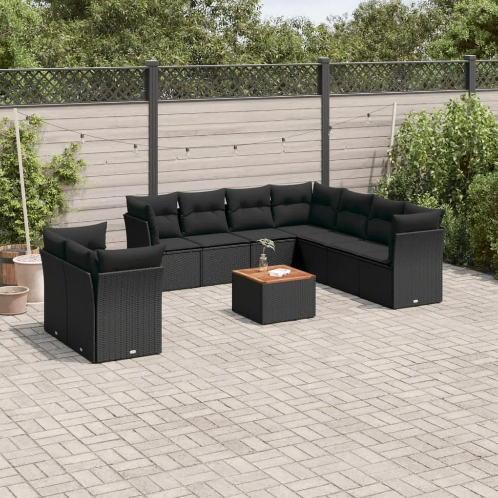 10 pcs conjunto sofás de jardim c/ almofadões vime PE preto
